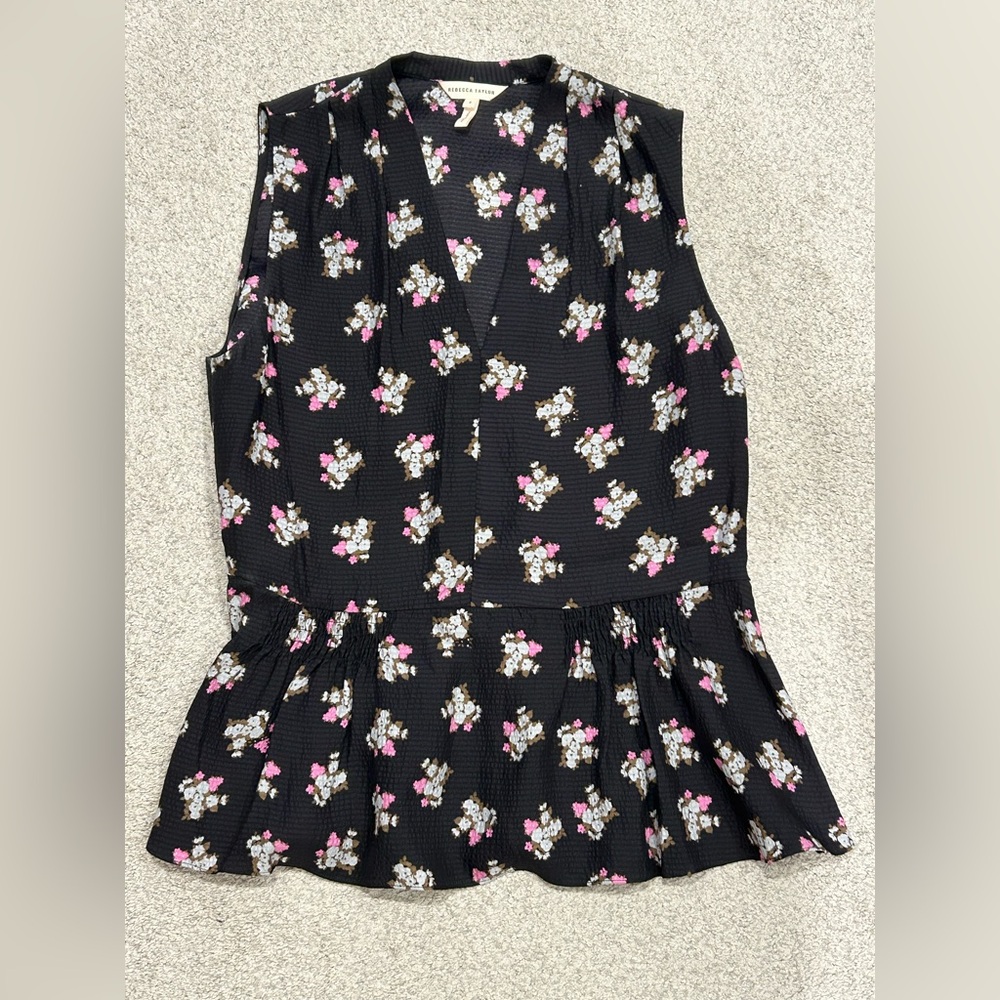Rebecca Taylor Black Peplum Top with Pink and White Florals - 100% silk